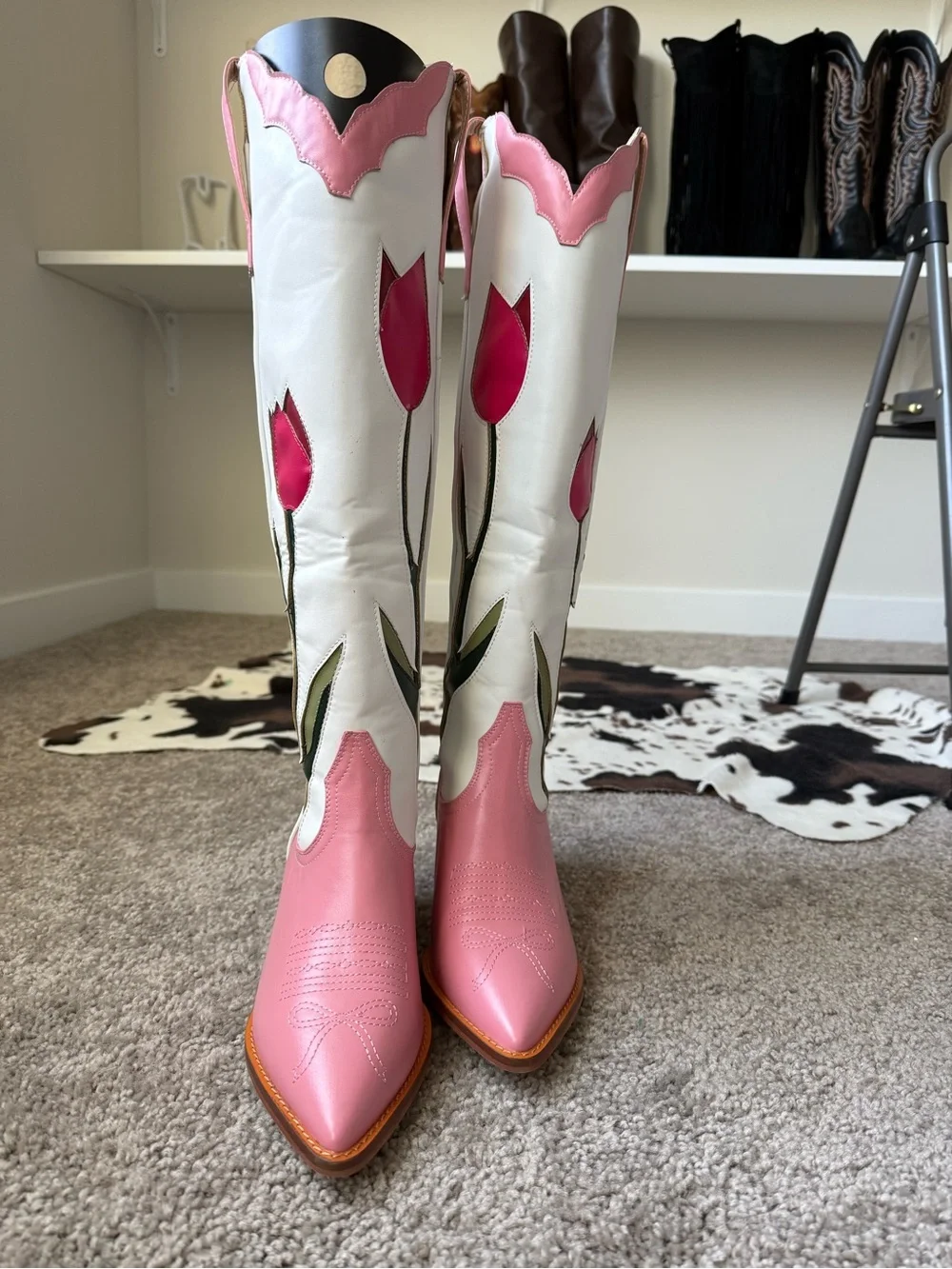 Women's Pink & White Floral Western Knee-High Boots